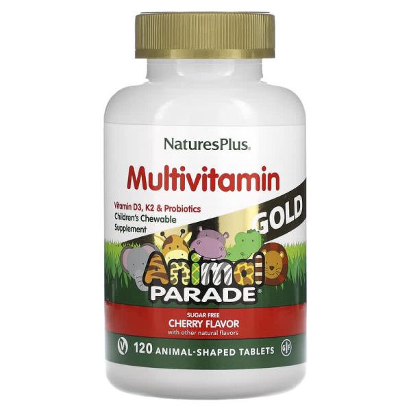 <b>NaturesPlus</b>, Source of Life Animal Parade Gold, 어린이용 츄어블 종합비타민 및 미네랄 보충제, 천연 맛, 동물 모양 정제 120정