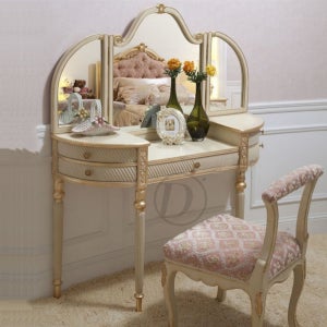클래식 엔틱화장대 수입 고급 서랍장 의자 세트 화이트골드 100X80X148CM
