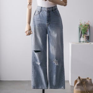 유닉 데미지 일자핏 와이드 뒷밴딩 찢청바지 데님팬츠