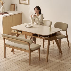 오슬로 4인용 원목 수납 포세린 세라믹 식탁세트 식탁+의자2+벤치1, 1400mm, 쿠키