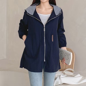 여성 바람막이 빅사이즈 가죽 패치 포켓 소매 고무줄 후드 배색 점퍼