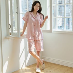 순면 여성 핑크 피너 체크 반팔 상하 잠옷 파자마 홈웨어 세트 봄 여름 가을