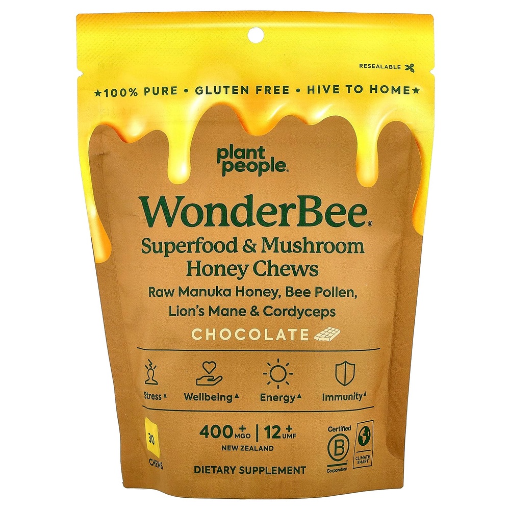 Plant People wonderBee 슈퍼 푸드 및 버섯 <b>허니</b> 츄 초콜릿맛 30개