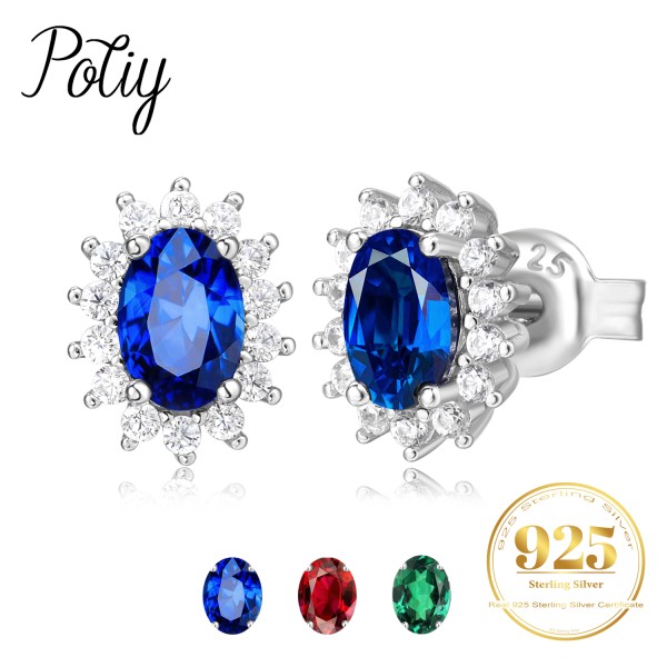 Potiy 타원형 총 1.5ct 제작 사파이어 루비 나노 에메랄드 다이애나 스터드 귀걸이 925 스털링 실버 여성 웨딩 파티 쥬얼리