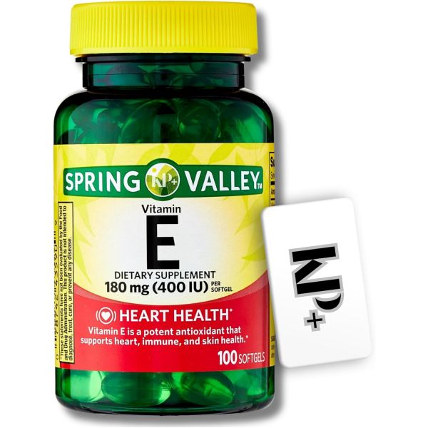 <b>스프링 밸리</b>, 비타민 E, 식이 보충제, E 400 IU 소프트젤, 180 mg, 100 카운트