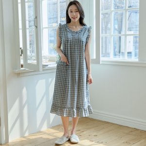 순면 여성 네이비 홀릭 체크 나시 홈웨어 원피스 잠옷 파자마 봄 여름 가을