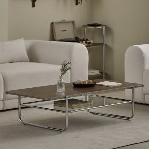 퍼니코 오프 사각 2단 강화유리 거실 소파 테이블 1200x640mm, 월넛