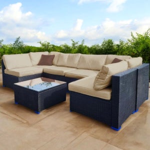 6인 소파 라탄의자+라탄테이블세트 (다크블랙) / 고급 PP 핸드메이드