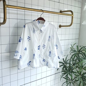 블루 꽃 자수 남방 셔츠