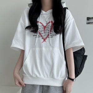 아방루즈핏 하트 스프레이 프린팅 여름 반팔 후드티 편한 반팔티