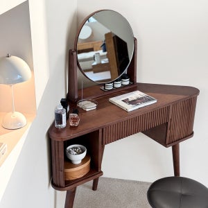 로포텐 로망 고무나무 원목 수납 틈새 코너 화장대 거울 포함 브라운