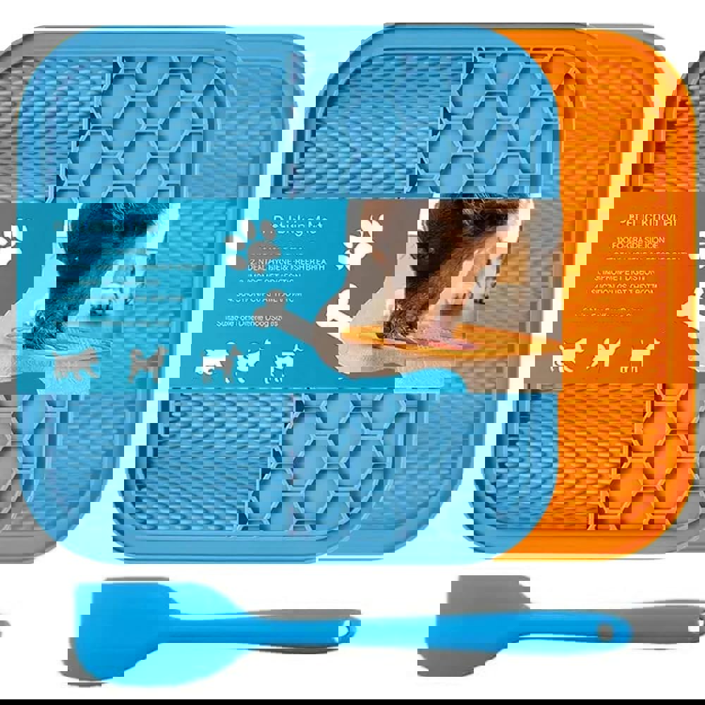 개와 고양이를 위한 핥기 매트, 흡입구와 주걱이 포함된 2팩, <b>불안</b>과 지루함 해소, 땅콩버터 블루, 오렌지에 좋습니다