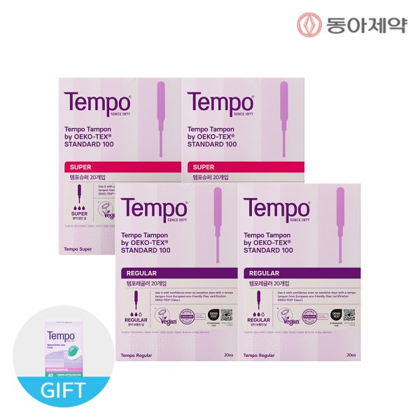 동아제약 생활 공식스토어 템포 유기농 순면 탐폰 4팩(슈퍼 2팩+레귤러 2팩)+롱 라이너 40P