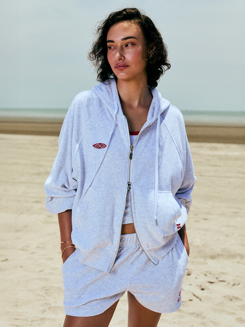[미나수] Terry Raglan Hooded Zip Up_White Melange