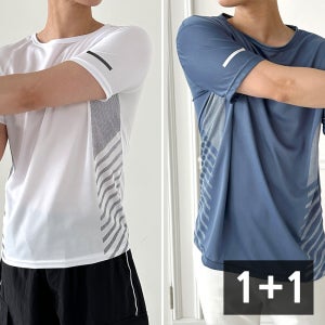 1+1 남성 쿨링 반팔 라운드 티셔츠 운동 무지 기능성 드라이핏 스판