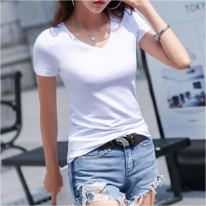 여성 베이직 브이넥 반팔티 슬림핏 기본티 레이어드 흰티