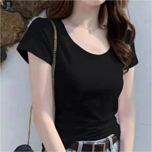 여성 베이직 U넥 라운드 반팔티 유넥 슬림핏 기본티 레이어드 흰티