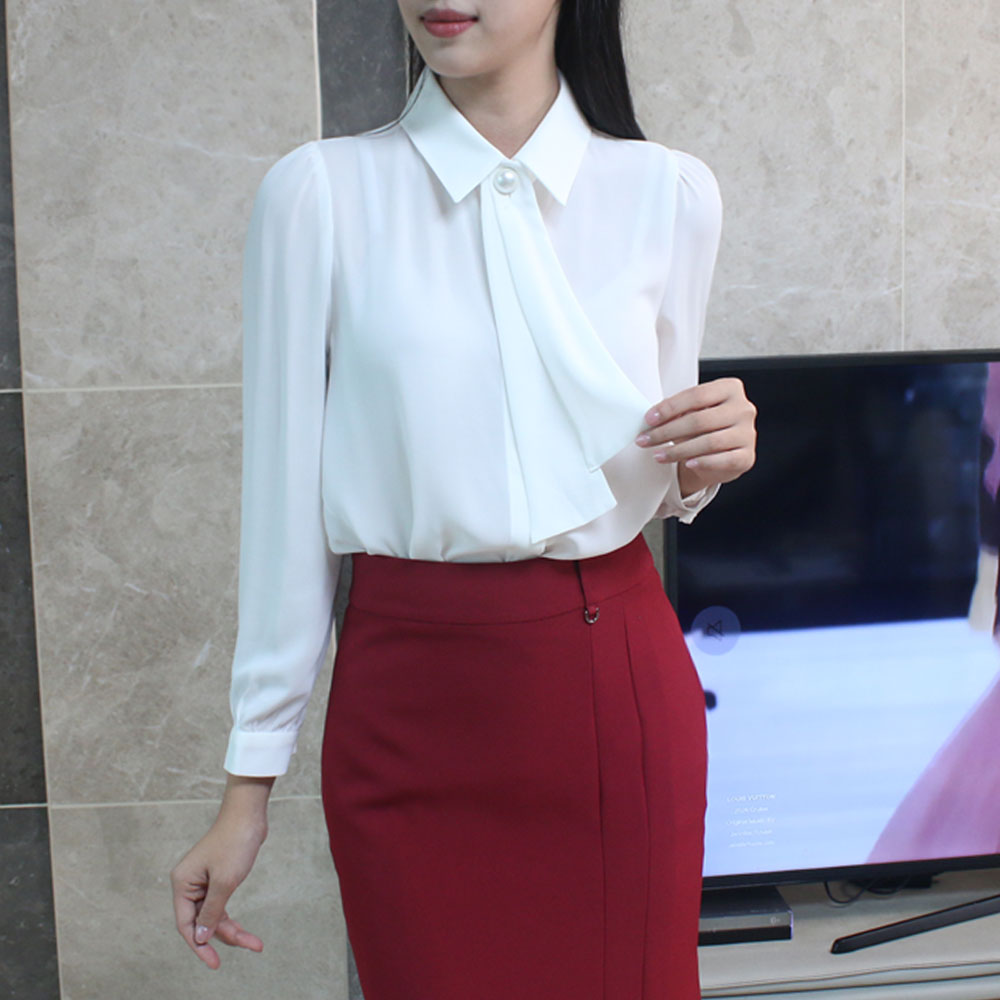 가을 타이 여성 흰색 카라 블라우스