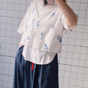 (무배) 블루 꽃 자수 남방 셔츠