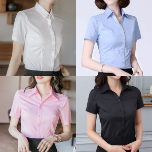 슬림핏 여성 반팔 셔츠 캐주얼 여름 정장 카라 블라우스 화이트 블랙 블루 핑크