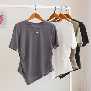 (단독컬러추가)레도즈 셔링 언발 랩 라운드 반팔 티셔츠