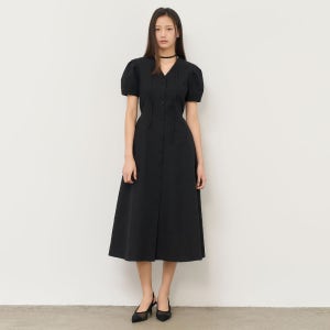 [제너럴아이디어 WOMAN] 브이넥 퍼프 롱 원피스 [BLACK] / WBE2L15510