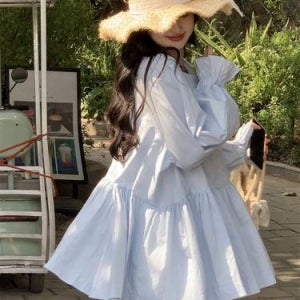 여성 하늘색 소라색 노카라 셔프 셔링 미니 셔츠원피스