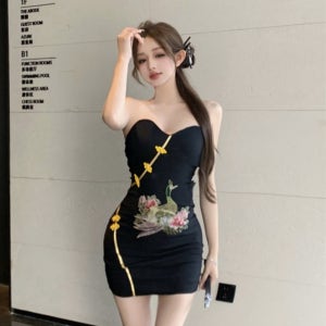복고풍 가슴 치파오 미니스커트 자수 버튼 튜브탑 원피스