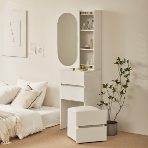 연말 할인가 109,900 / 리샘 마린2 400 라운드 거울 화장대 스툴포함 틈새수납형