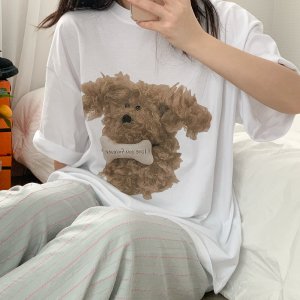 순면 반팔 잠옷 티셔츠 여성 여름 강아지 파자마 홈웨어 시밀러룩 뭉희