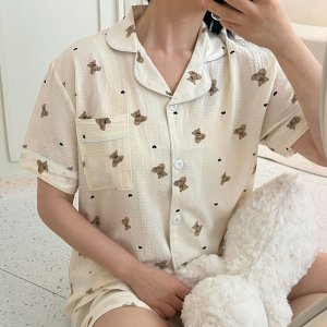 커플 여름 잠옷세트 하트곰 반팔 반바지 파자마 홈웨어