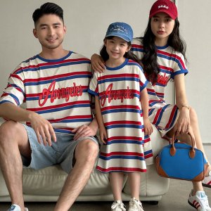 레드블루 썸머 스트라이프 가족티 티셔츠 원피스 여행 패밀리룩 가족사진 돌촬영