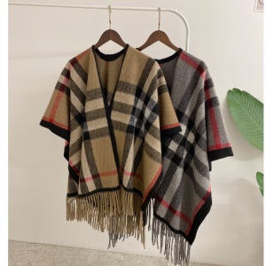 허니제이 로바니 빅체크 테슬 와이드 롱 머플러 숄 판쵸