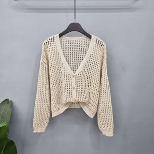여름 그물 망사 오버핏 브이넥 크롭 긴팔 여성 니트 가디건