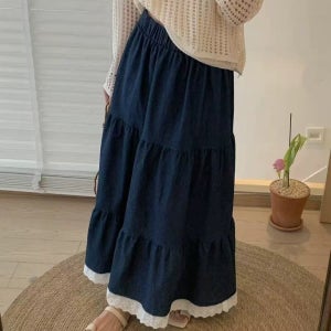 배색밑단펀칭 삼단캉캉 데님스커트 a라인 입기편한 청치마 플레어스커트 여자여자몰