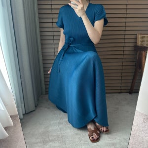 하이퀄리티 플리츠 얇은주름 두겹 브이 반팔 벌룬 플레어 롱원피스 4color