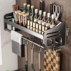 다기능 벽걸이형 주방 수납 선반, 조리 도구 및 조미료 수납용품, 무구멍 설치 가능한 실용적인 수납 걸이 40cm 싱글컵-건그레이 1개