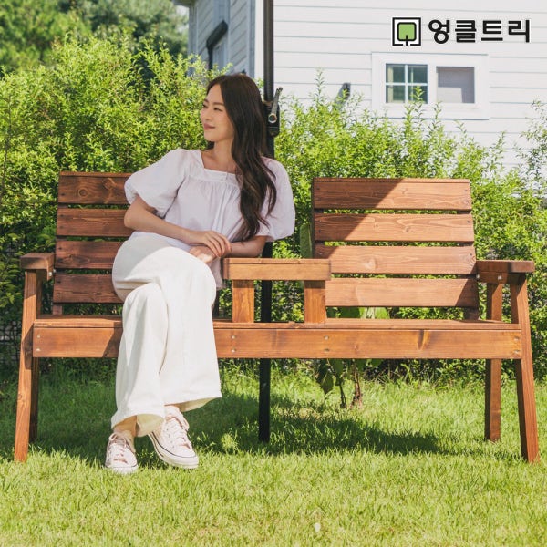 [100% 통원목] 야외벤치 의자 정원 테라스 야외용 공원 카페 나무 더블체어