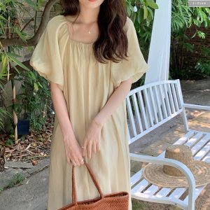 펄스 밴딩넥 볼륨 퍼프 쉬폰 롱원피스 4col 여름 봄 루즈핏 맥시 허리끈 제이플로우