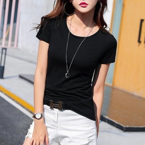 여성 여름 라운드 U넥 반팔티셔츠 기본 이너 슬림핏 무지