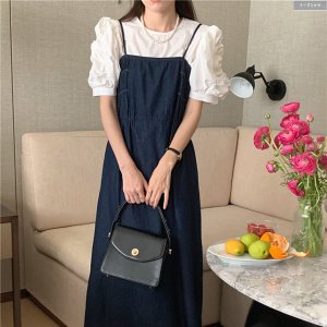 진청 스모크밴딩 뷔스티에 데님 롱원피스 1col 여름 봄 맥시 나시 레이어드 제이플로우