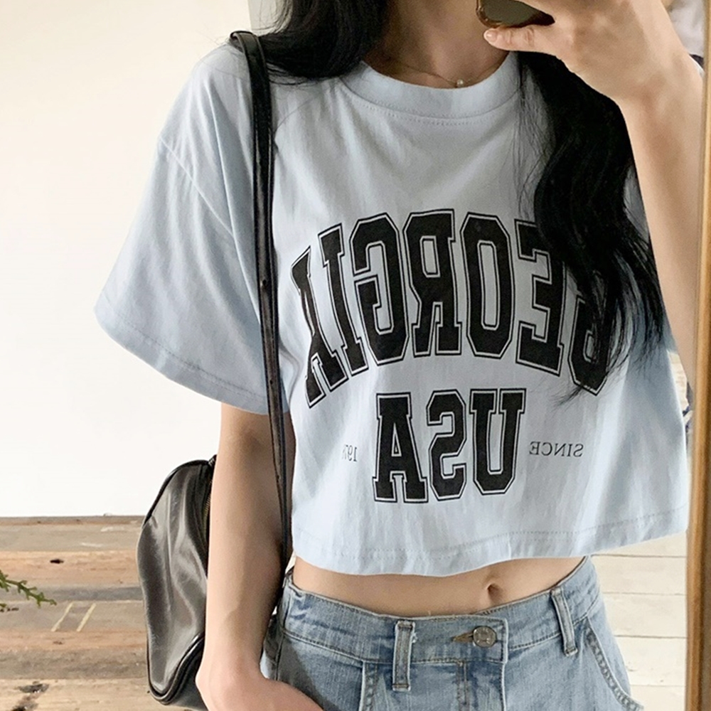 하늘색티셔츠 여성 여름 라운드 레터링 프린팅 반팔 크롭 티 배꼽티