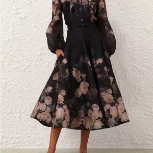 몽환고혹 오리엔탈 플라워나염 프릴블라우스 플레어스커트 투피스세트 하객룩 모임