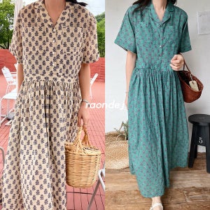 우든 디브 에스닉 나염 루즈핏 카라 롱원피스