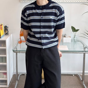 남성 여름 가디건 남자 단가라 스트라이프 반팔 니트
