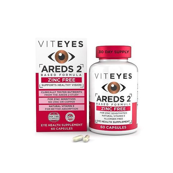 <b>Viteyes</b> AREDS 2 <b>아연</b> 프리 황반 지원 천연 알레르겐 캡슐...