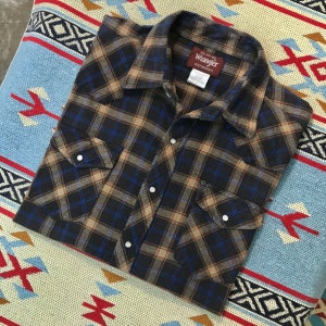 랭글러 블루 브라운 플란넬 체크 긴팔 도톰한 코튼 웨스턴 셔츠 남성 110 사이즈