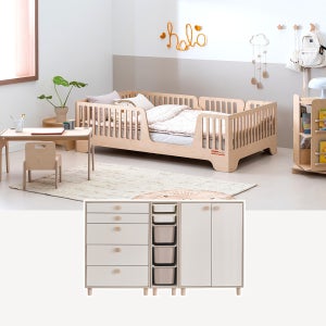 [쁘띠라뺑] 로이 자작나무 원목 저상형 유아 아동 침대 SS + 애니베이비장 세트