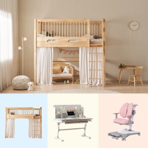 [쁘띠라뺑] 루카스 하이가드 벙커침대 내추럴 전면사다리형 + 스마트3.0책상 엣지베이지 + 책장 엣지화이트 + 지니L310프로의자 핑크