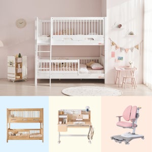 [쁘띠라뺑] 루카스 하이가드 분리형 원목 2층침대 SS (측면사다리 좌/우) + 위너책상 + 지니l310의자 세트